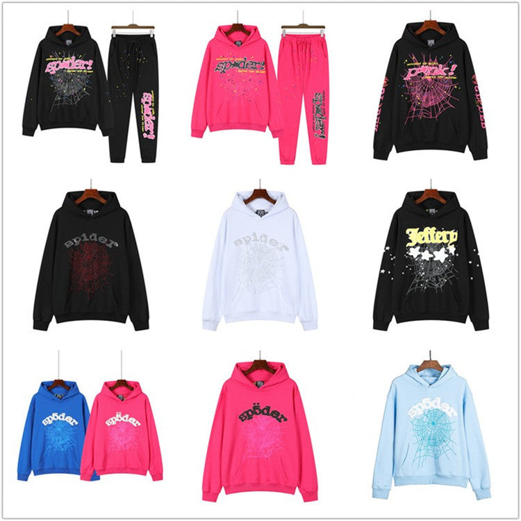 Beautiful Fashion Brand Men's and Women's Same Style 555555 Cobweb Puff Print Hip Hop Loose Heavy Terry Hooded Sweater Set