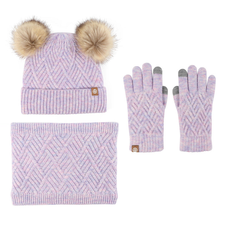 Children's Fur Ball Hat Scarf Gloves Three-Piece Set Winter Children Fleece-lined Thermal Knitting Suit