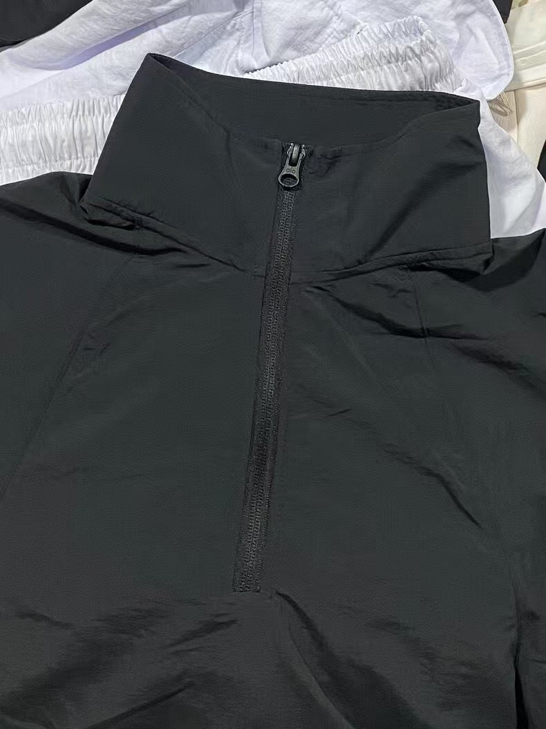 A-L Half-Zip Sun Protection Jacket Short Cropped Stand Collar Set Women's Sports Casual Pullover Top + Shorts