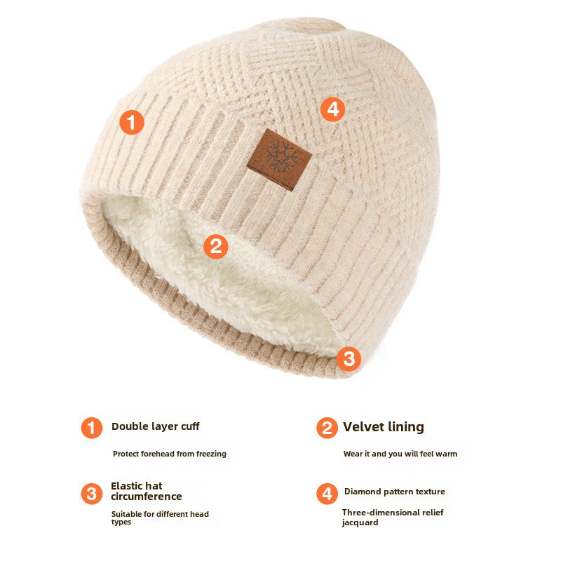 Winter Double Layer Fleece-lined Thickened Knitted Hat Women's Solid Color Wool Warm Windproof Earflaps Slipover Flanging Woolen Cap