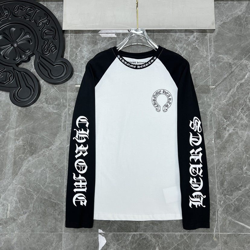 Ch Hearts 23ss Trendy Brand Unisex Pure Cotton Large Horse Hoof Color Block Raglan Long Sleeve T-Shirt