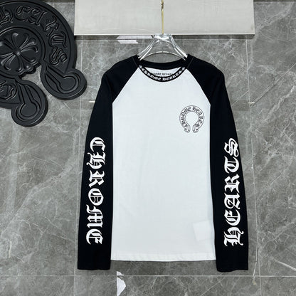 Ch Hearts 23ss Trendy Brand Unisex Pure Cotton Large Horse Hoof Color Block Raglan Long Sleeve T-Shirt