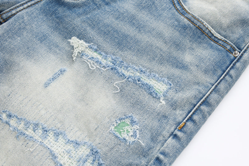 Fashion Street Style Men's Denim Shorts Summer Light Blue Trendy Brand Embroidered Patch Elastic Five-Point Denim Mid-Length Shorts