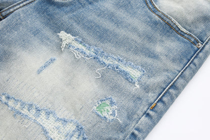 Fashion Street Style Men's Denim Shorts Summer Light Blue Trendy Brand Embroidered Patch Elastic Five-Point Denim Mid-Length Shorts