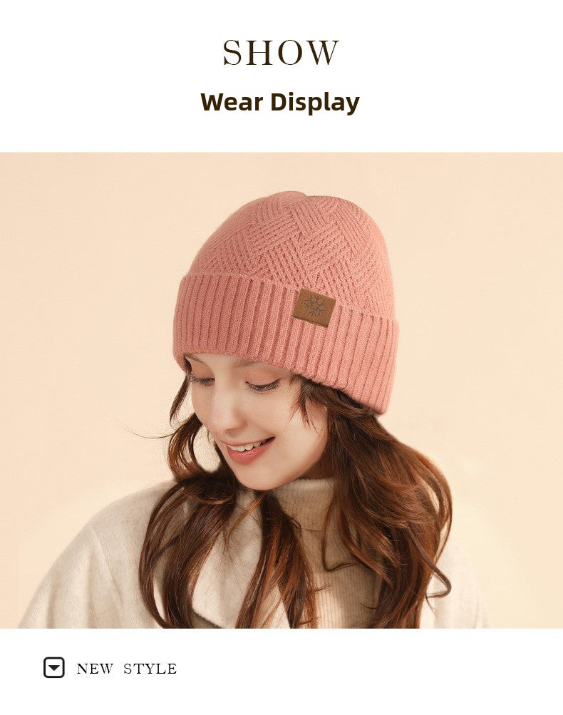 Winter Double Layer Fleece-lined Thickened Knitted Hat Women's Solid Color Wool Warm Windproof Earflaps Slipover Flanging Woolen Cap