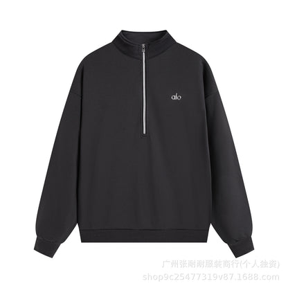 A-L-O Half-Zip Sweatshirt for Women, Autumn and Winter Loose Stand Collar Slimming Jacket, Casual Sports Top