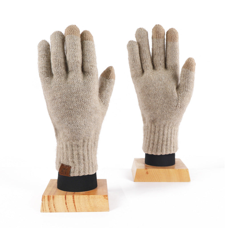 2024 Winter Popular Japanese Wool Knitted Plaid Gloves Fleece-lined Thickened Cycling Five-Finger Touch Screen Warm Gloves