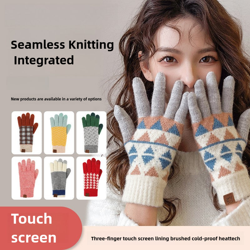 2024 Winter Popular Japanese Wool Knitted Plaid Gloves Fleece-lined Thickened Cycling Five-Finger Touch Screen Warm Gloves