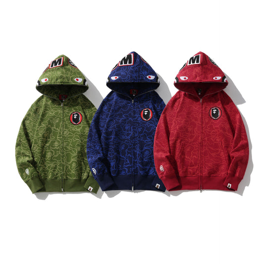 Shark Head Hoodie for Men Camouflage Full Print 30th Anniversary Pure Cotton Thin Fleece Hooded Sweatshirt