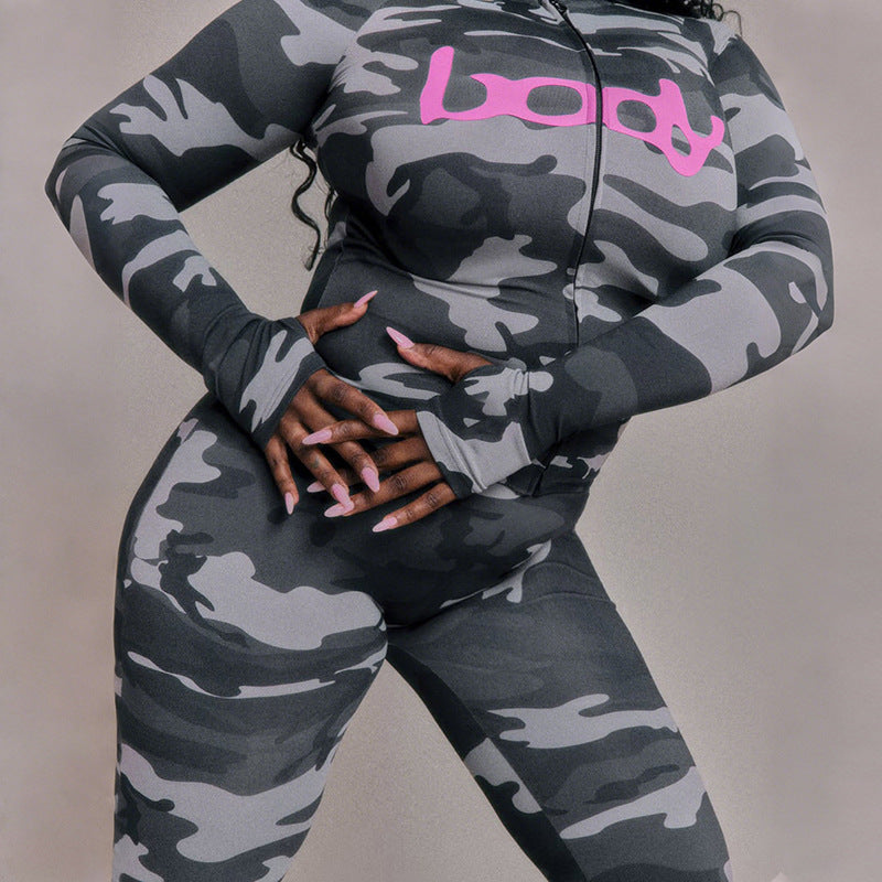 2025 Autumn Women's New Fashion Hooded Camouflage Print Long Sleeve Sports Trendy Slim Fit Long Pants Two-Piece Set