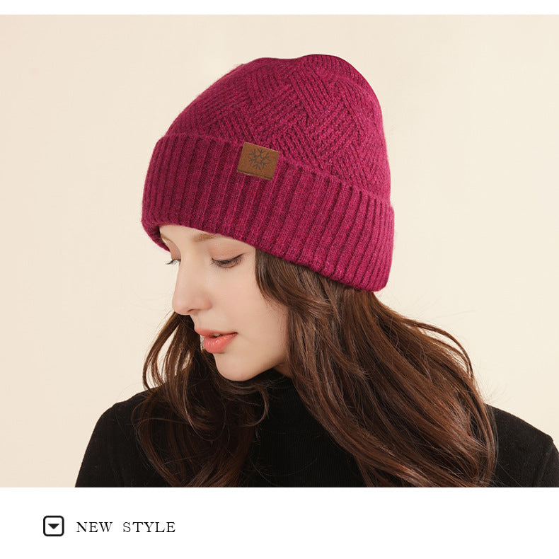 Winter Double Layer Fleece-lined Thickened Knitted Hat Women's Solid Color Wool Warm Windproof Earflaps Slipover Flanging Woolen Cap