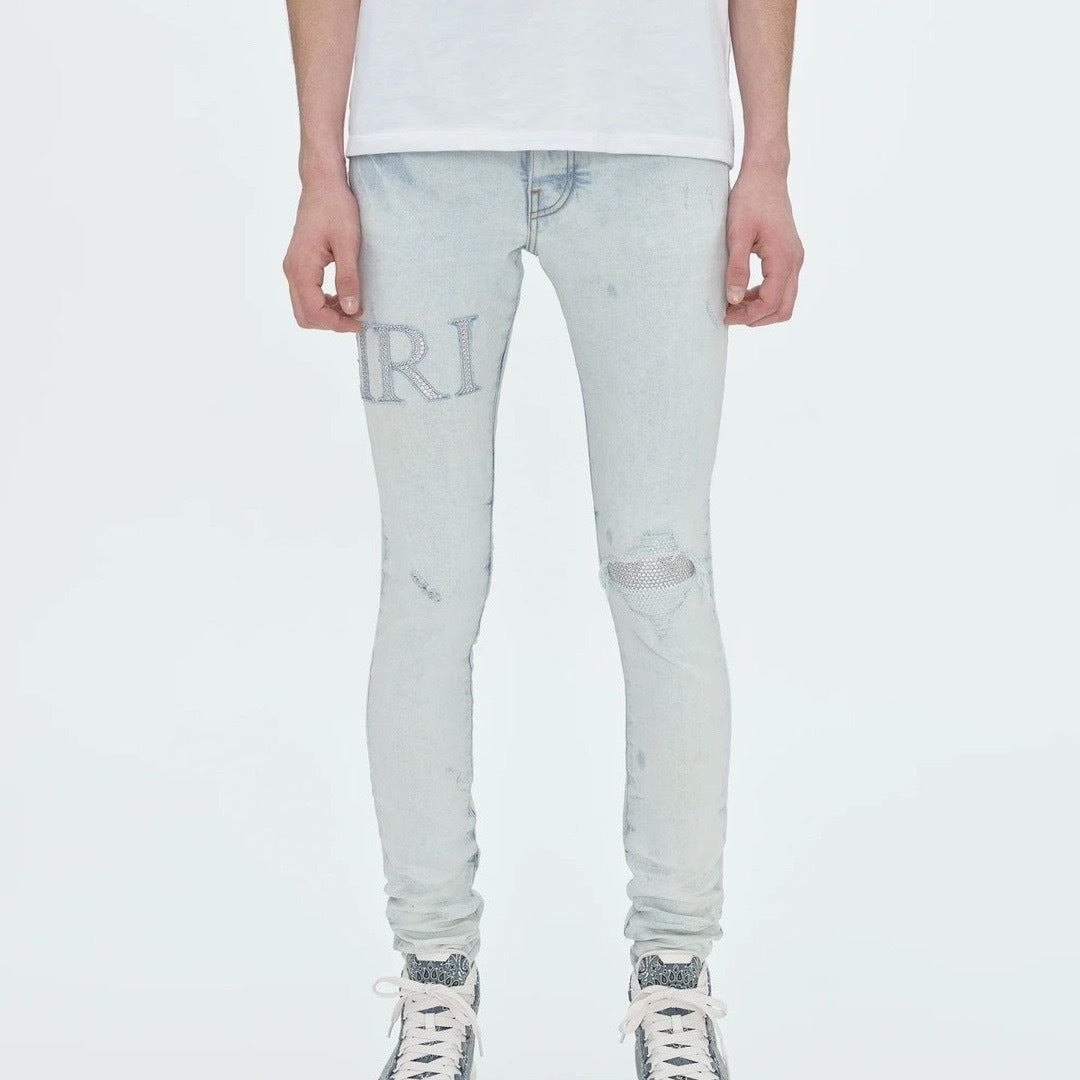 Cross-Border Foreign Trade AM American High Street Ripped Patch Letter Embroidery Washed Slim Straight Skinny Jeans Long Pants