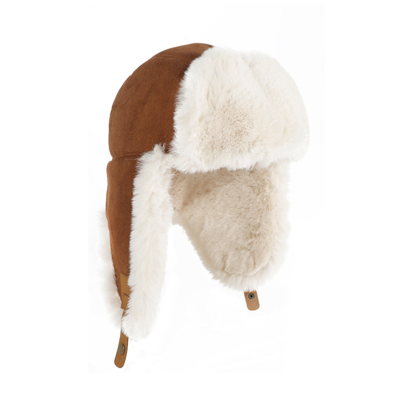 Autumn and Winter Suede Ushanka Plush Thickened Ears Protection Hat Warm Ski Cap Angora Gloves Outdoor Cold-Proof Suit