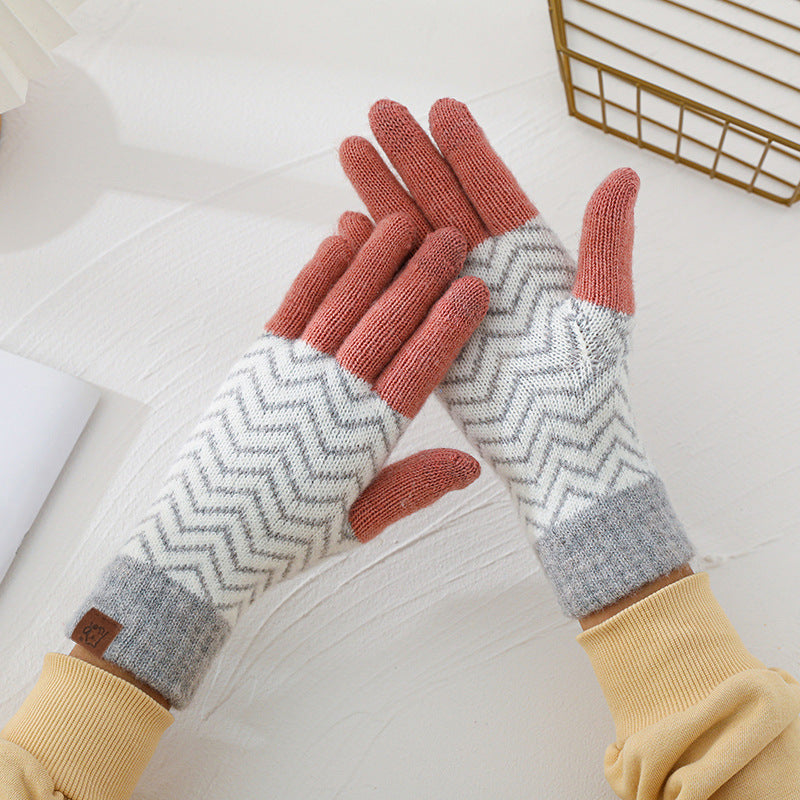 2024 Winter Popular Japanese Wool Knitted Plaid Gloves Fleece-lined Thickened Cycling Five-Finger Touch Screen Warm Gloves