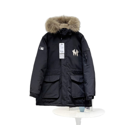 GM-M-LB Unisex Versatile Hooded Down Jacket with Large Fur Collar, Couple's Mid-Length Thickened Waterproof Workwear Coat