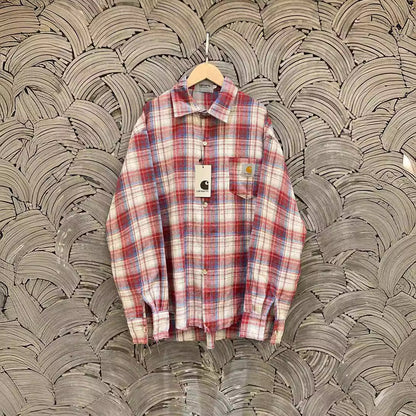 Carhartt Pure Cotton Brushed Embroidered Logo Plaid Element Heavyweight Frayed Edge Shirt for Men and Women Couples