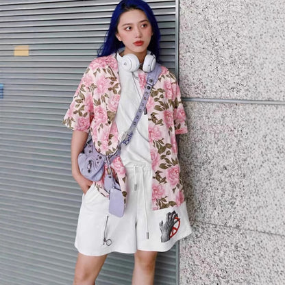 Peony Floral Short Sleeve Shirt Flower Men & Women Trendy Loose Casual Top