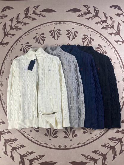 RL Raff Pony Label Autumn Winter Warm Cable Knit Zipper Sweater Cardigan Women Embroidered Cable Cardigan Men