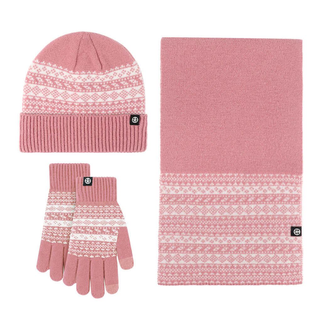 Knitting Hat, Scarf and Gloves Three-Piece Set Winter Warm Suit Windproof Jacquard Scarf 3-Piece Set