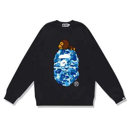 Terry Sweatshirt with Ape Man Letter Print, Unisex, Pure Cotton, Loose Fit, Thin, Crew Neck Pullover Top, Outerwear