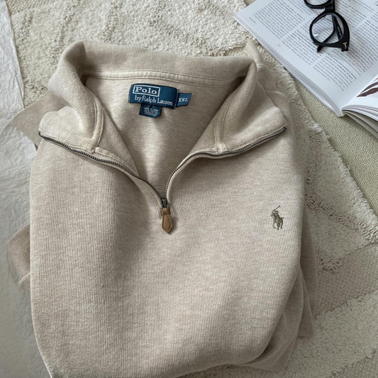 RL Ralph Pony Label Retro Couple Sweatshirt Women Long Sleeve Sweatshirt Men Polo Half Zipper Turn-down Collar Loose American Style