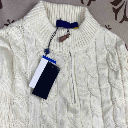 Real Shot RL Raffi Pony Label Embroidered Knit Sweater Men Autumn Winter Stand Collar Cable Couple Half Zip Sweater Women