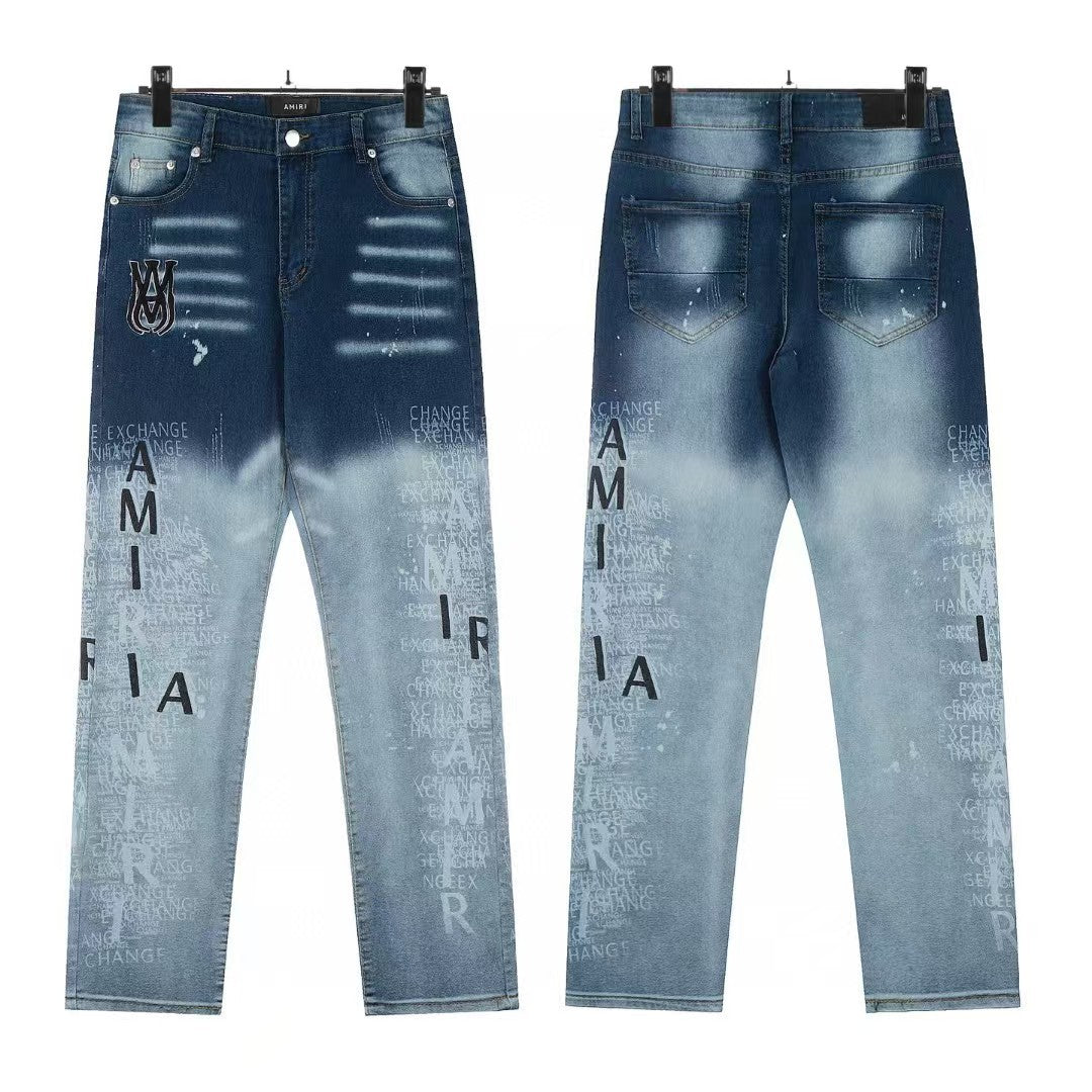 Cross-Border Foreign Trade AM American High Street Ripped Patch Letter Embroidery Washed Slim Straight Skinny Jeans Long Pants