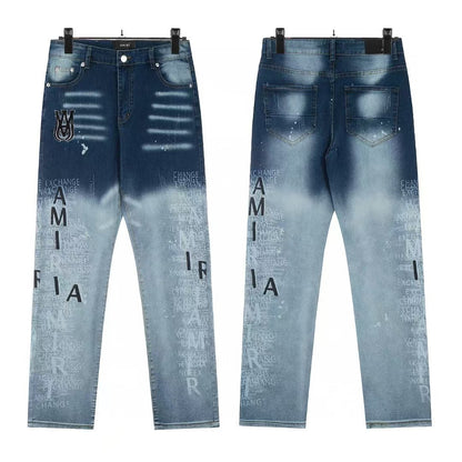 Cross-Border Foreign Trade AM American High Street Ripped Patch Letter Embroidery Washed Slim Straight Skinny Jeans Long Pants