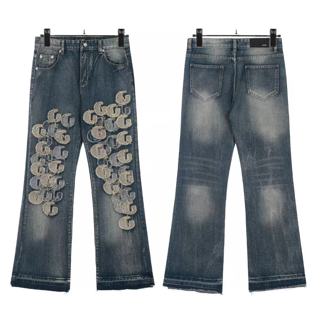 Cross-Border Foreign Trade AM American High Street Ripped Patch Letter Embroidery Washed Slim Straight Skinny Jeans Long Pants