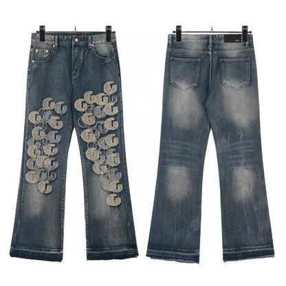 Cross-Border Foreign Trade AM American High Street Ripped Patch Letter Embroidery Washed Slim Straight Skinny Jeans Long Pants