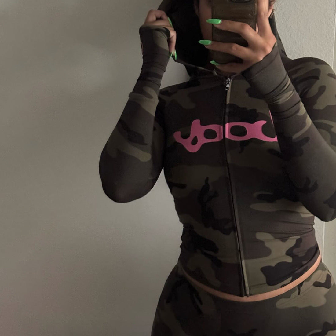 2025 Autumn Women's New Fashion Hooded Camouflage Print Long Sleeve Sports Trendy Slim Fit Long Pants Two-Piece Set