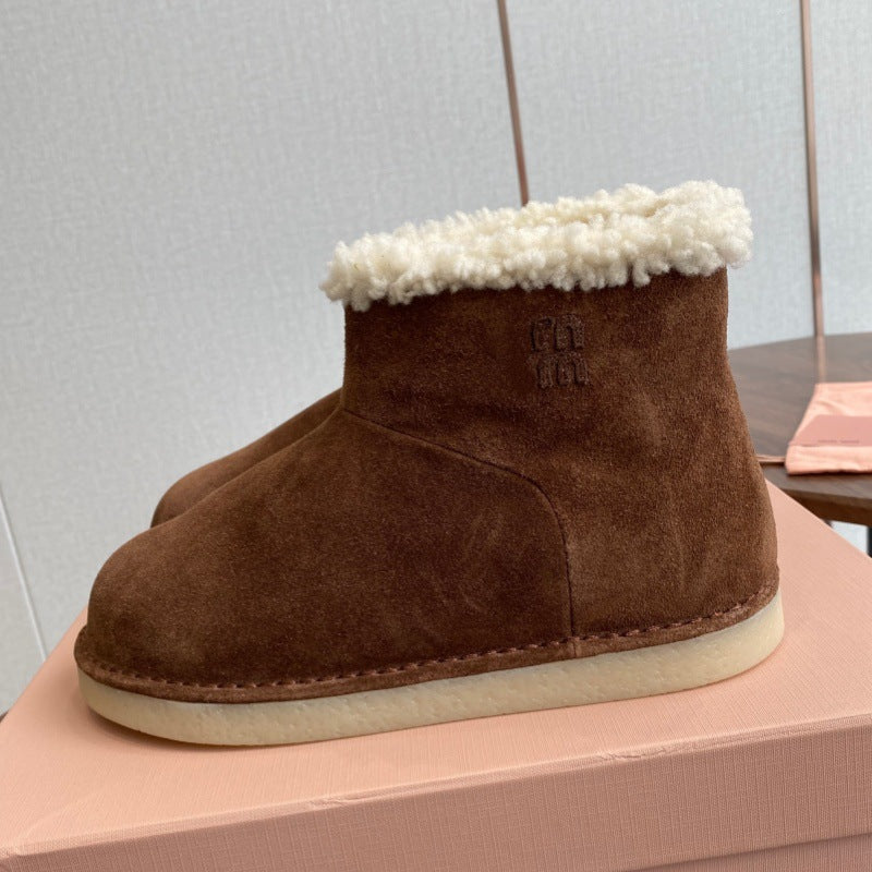 French Style Sheepskin Thick-Soled Snow Boots Round Toe Cow Suede Patchwork Warm Short Boots Versatile Flat Short Cotton Boots
