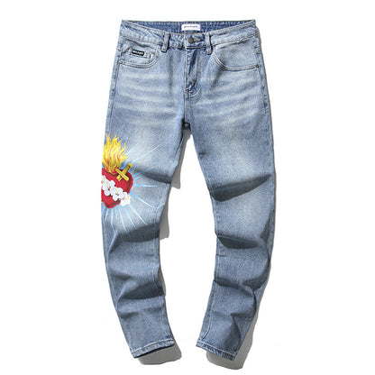 Jeans Washed and Distressed Retro Tattered Jeans Splash Ink Ruffle Handsome and Beautiful Style