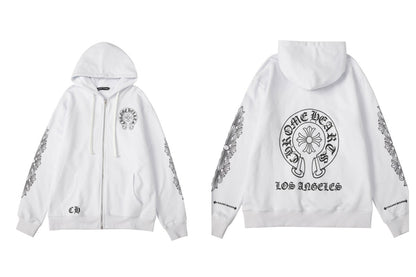 CH Autumn Winter New Cross Scroll Simple Classic Hooded Sweatshirt Zipper Pure Cotton Jacket