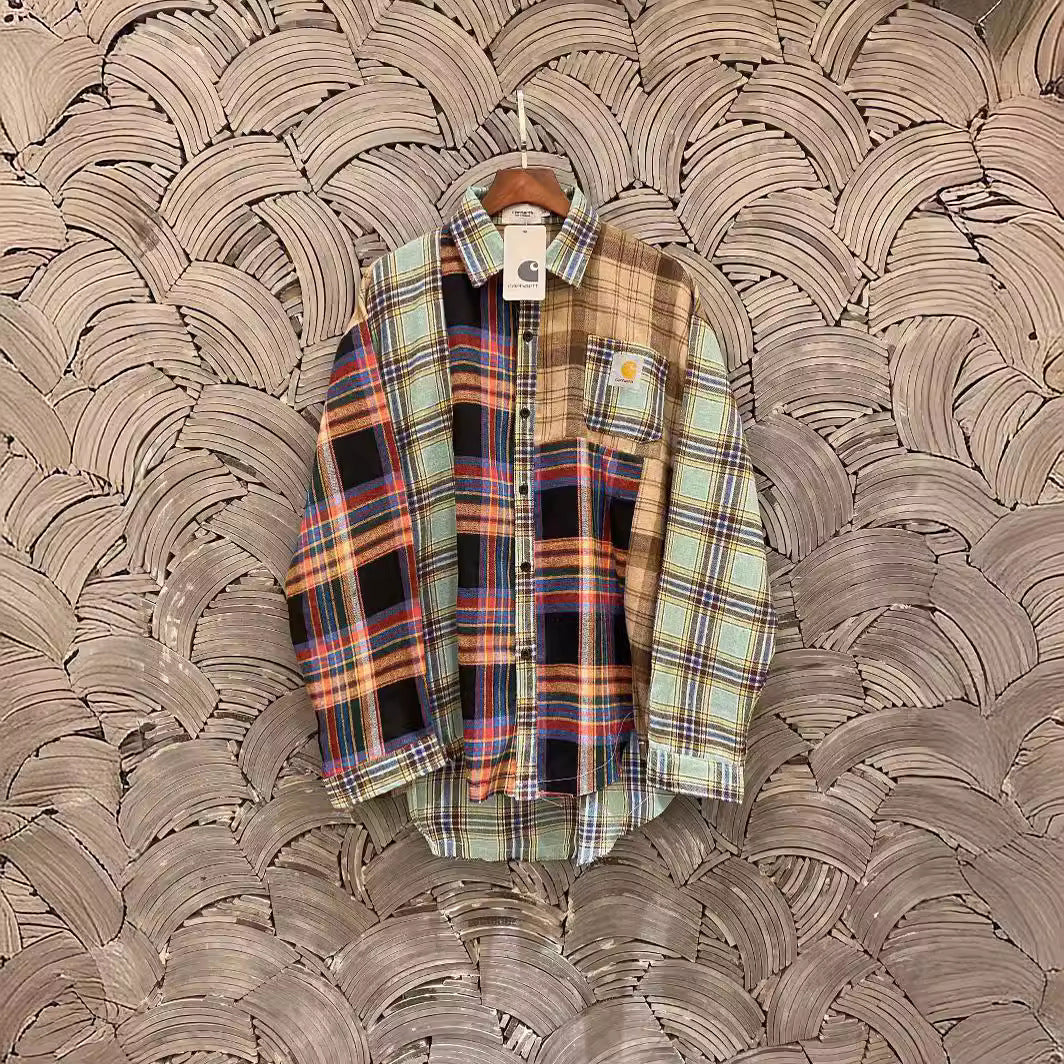 Carhartt Pure Cotton Brushed Embroidered Logo Plaid Element Heavyweight Frayed Edge Shirt for Men and Women Couples