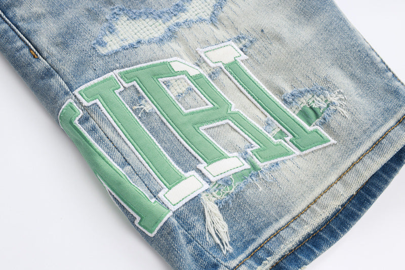 Fashion Street Style Men's Denim Shorts Summer Light Blue Trendy Brand Embroidered Patch Elastic Five-Point Denim Mid-Length Shorts