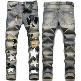 American Style Trendy Brand Jeans for Men with Patch Embroidery High Street Basic Ripped Skinny Fashion Casual Stretch Straight Long Pants