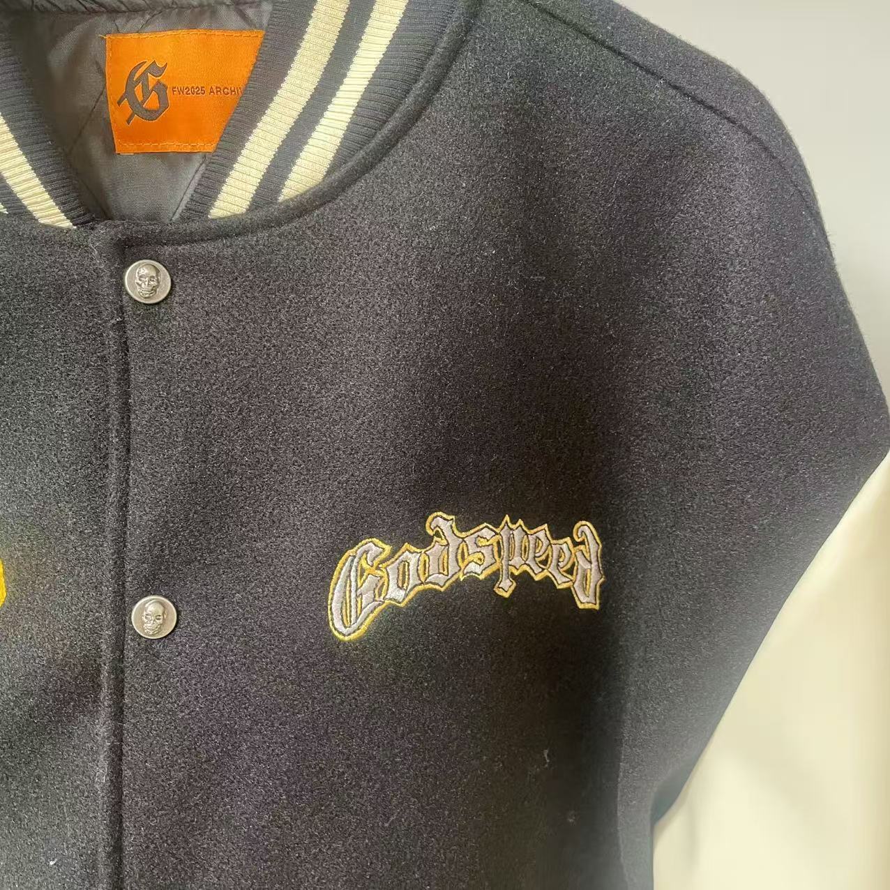 GODSPEED Heavy Embroidery PU Leather Patchwork Jacket Coat Unisex Woolen Padded Baseball Jacket