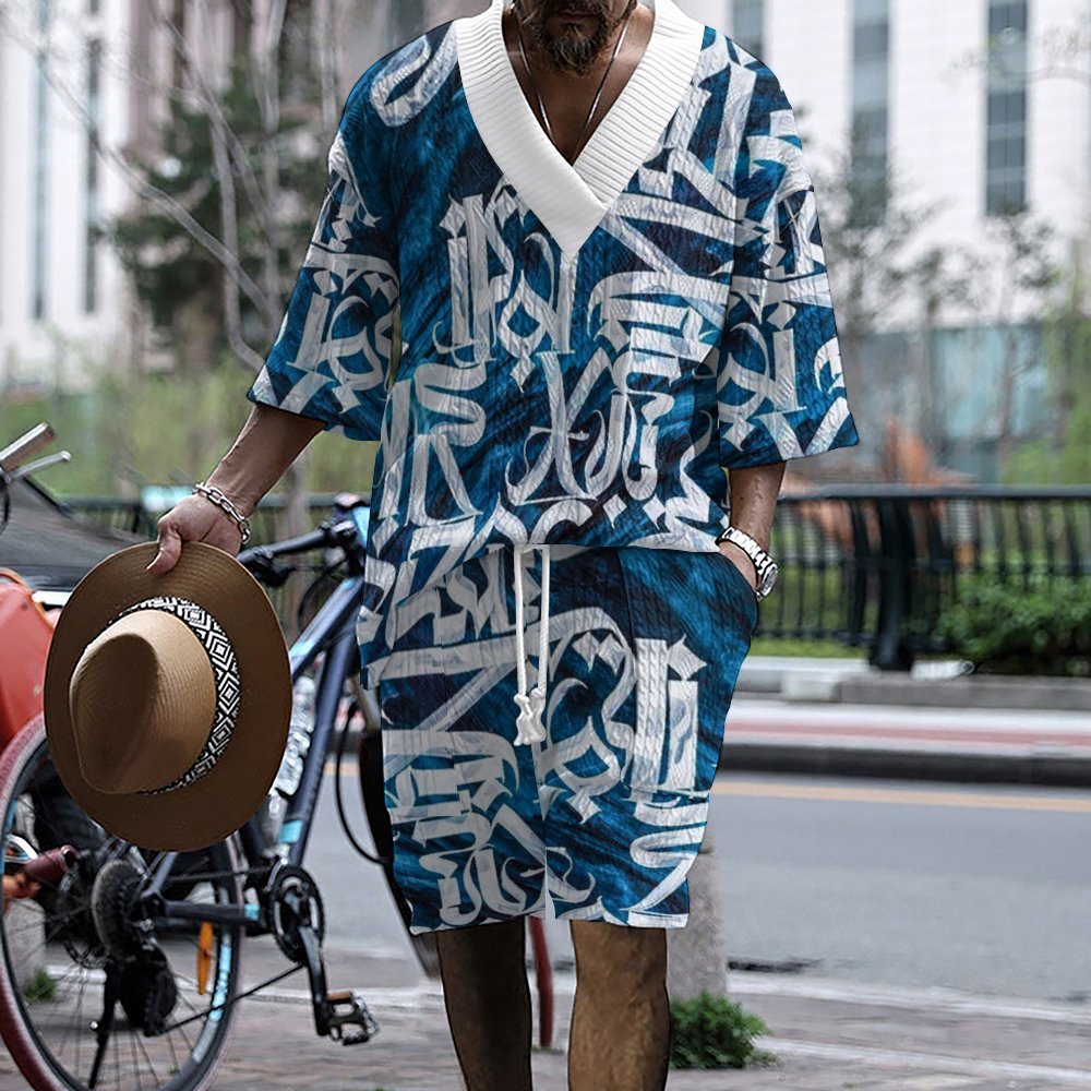 Graffiti Print Men's Three-Quarter Sleeve Short Sleeve Shorts Oversize Drop Shoulder Casual Set