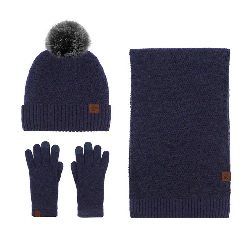 New Solid Color Wool Warm Hat Scarf Gloves Three-Piece Set Cold-Proof Fur Ball Fleece-lined Knitting Suit