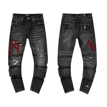 Jeans Washed and Distressed Retro Tattered Jeans Splash Ink Ruffle Handsome and Beautiful Style