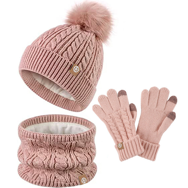 Children's Fur Ball Hat Scarf Gloves Three-Piece Set Winter Children Fleece-lined Thermal Knitting Suit