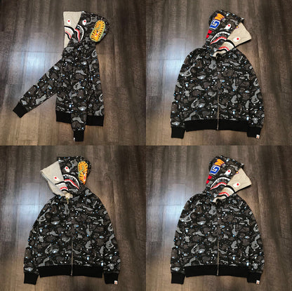 Fashion Brand Shark Camouflage Zipper Sweater Men and Women Couple Loose Cotton Fleece-lined Hooded Cardigan Coat Men