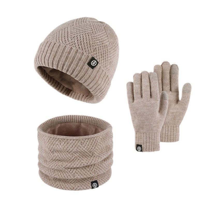 Winter neck warm three-piece hat, scarf and gloves three-piece knitted and fleece-thickened winterproof wool suit