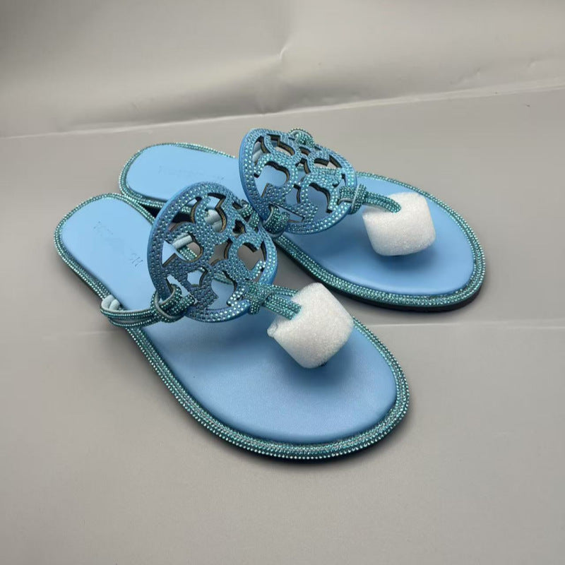 TB Women's Slippers 2025 Summer New Diamond Flip-Flops Beach Foreign Trade  Large Size Sandals Slippers