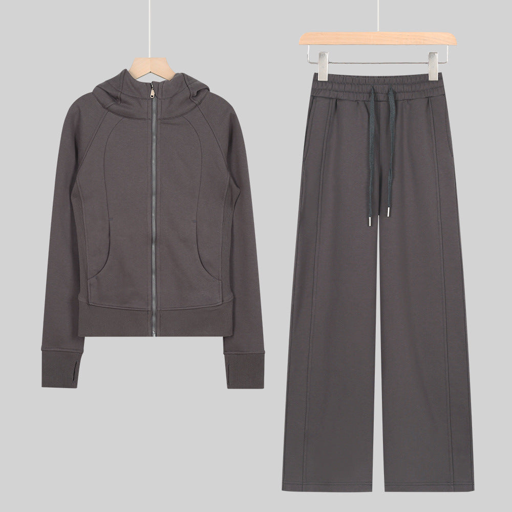 LULU Embroidered Hooded Zipper Cardigan Slim Fit Sweatshirt Set Fleece Lined Full Zipper Cardigan Jacket Gold Label