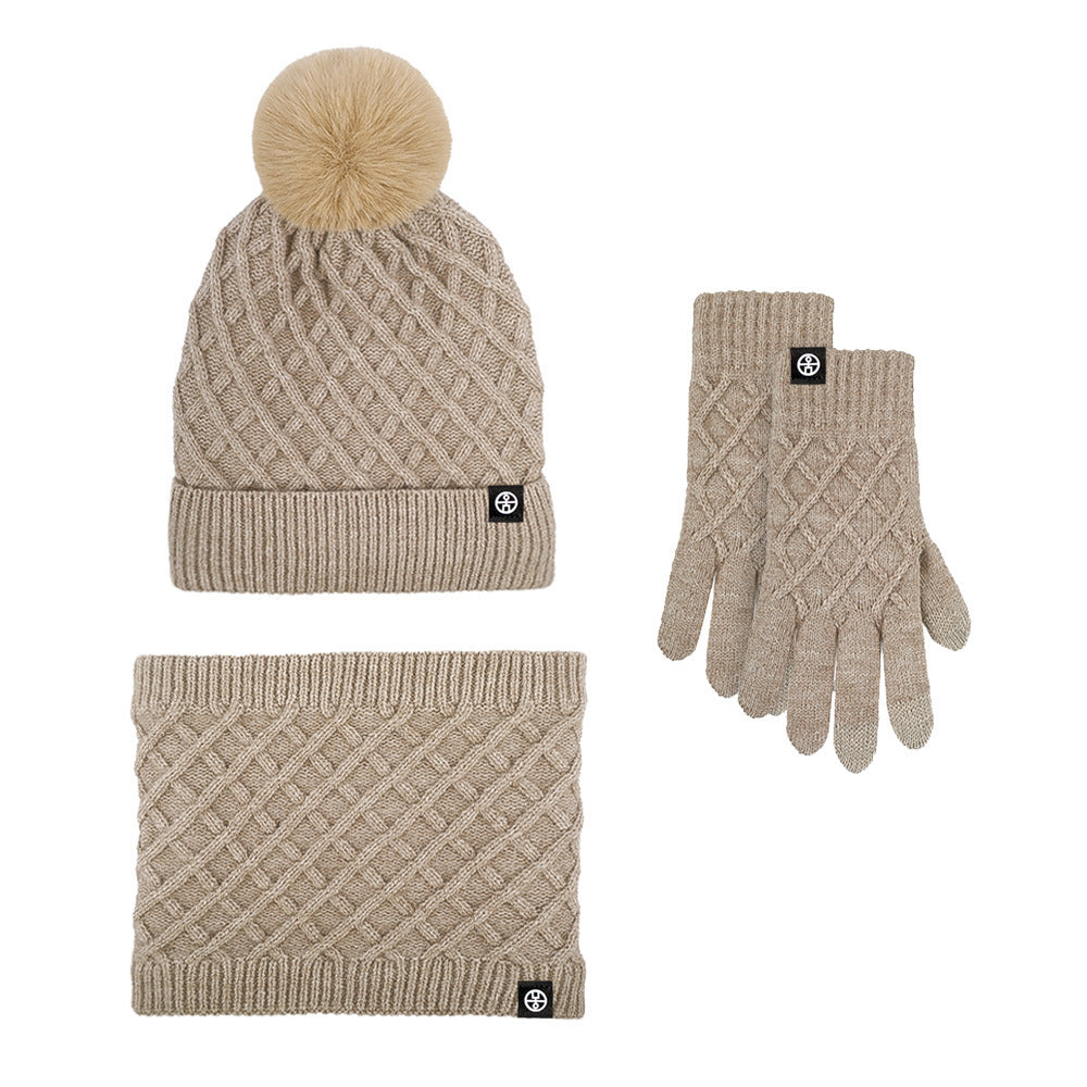 Winter Warm Woolen Hat Scarf Gloves Three-Piece Suit Windproof Adult Knitted Hat Three-Piece Set