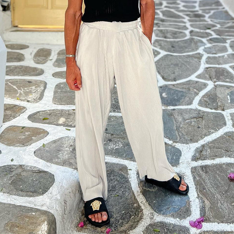 Men's Casual Loose Beachwear Solid Color Striped Short Sleeve Suit Southeast Asian Men's Shirt Two-Piece Set