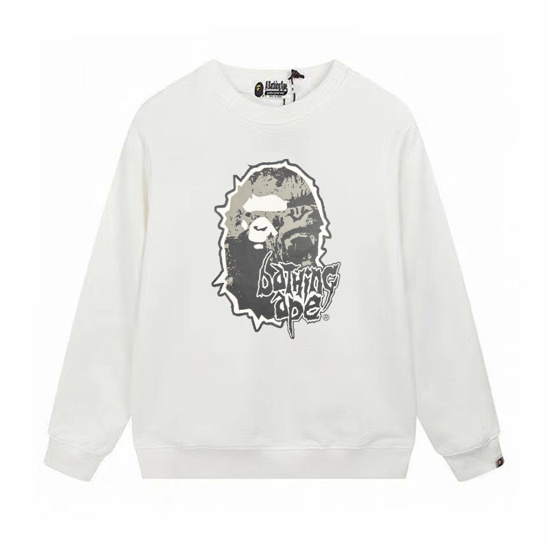 Terry Sweatshirt with Ape Man Letter Print, Unisex, Pure Cotton, Loose Fit, Thin, Crew Neck Pullover Top, Outerwear