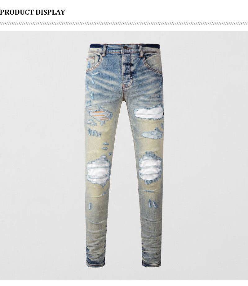 High Street Fashion Men's Jeans with Ripped Patches, Distressed Light Blue Slightly Stretchy Slim Fit Skinny Pants, Trendy Long Pants for Men